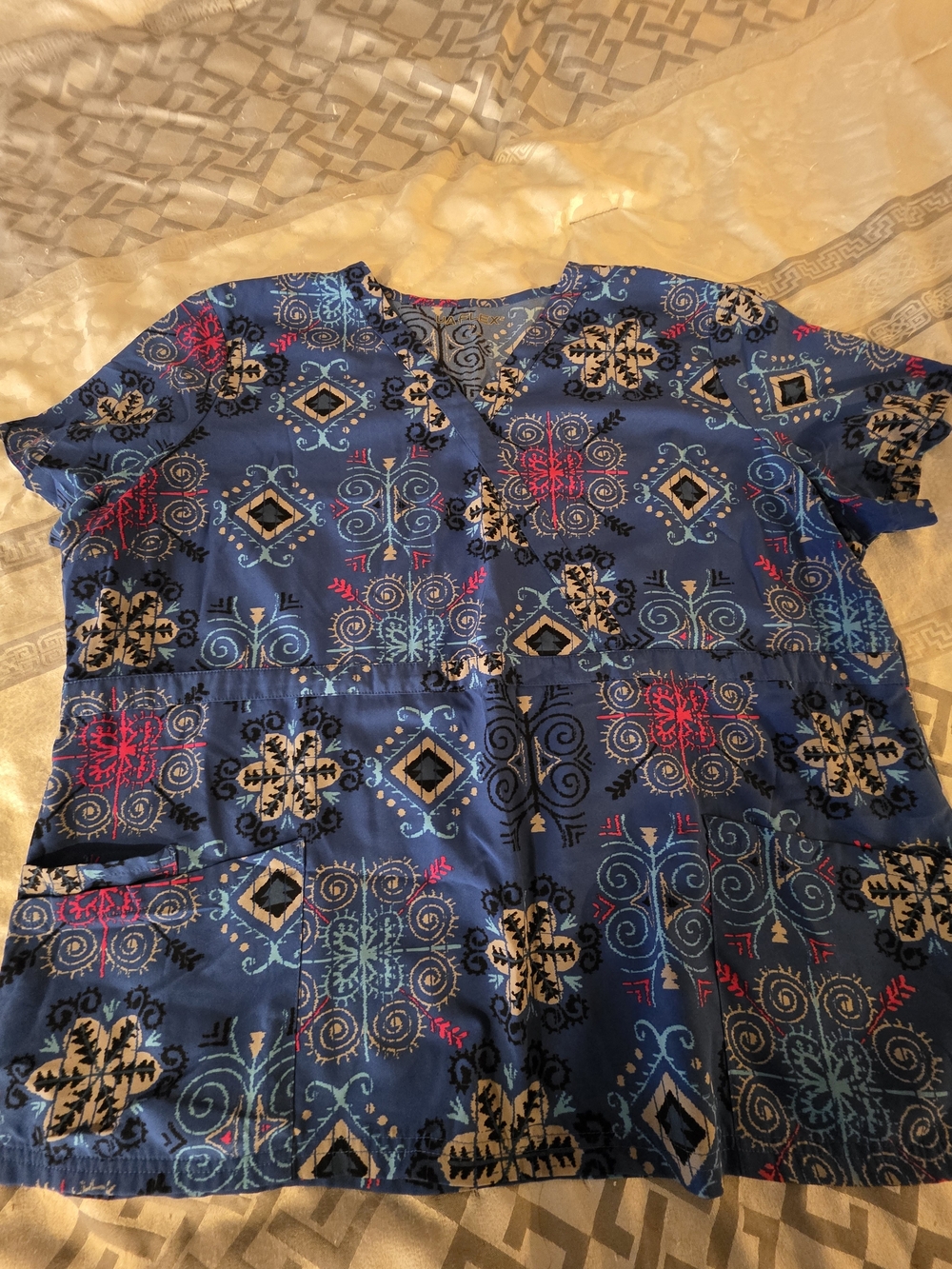 Uniform Advantage Blue Printed V-Neck Scrub Top with Multicolor Accents